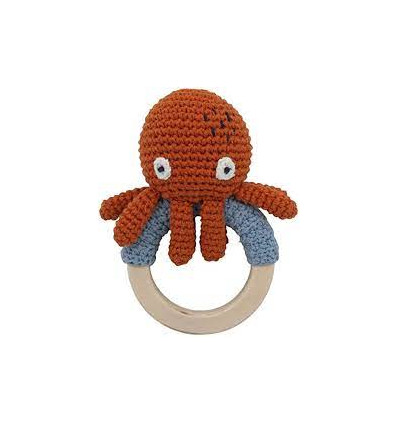 CROCHET RATTLE ON RING OCTOPUS RED 211