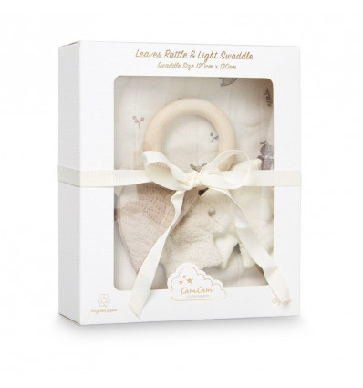 GIFT BOX SWADDLE+LEAVES RATTLE FAWN 21