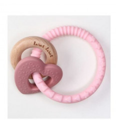 TEETHER SILICONE WOOD HEART PINK 23