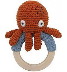 CROCHET RATTLE ON RING OCTOPUS RED 211